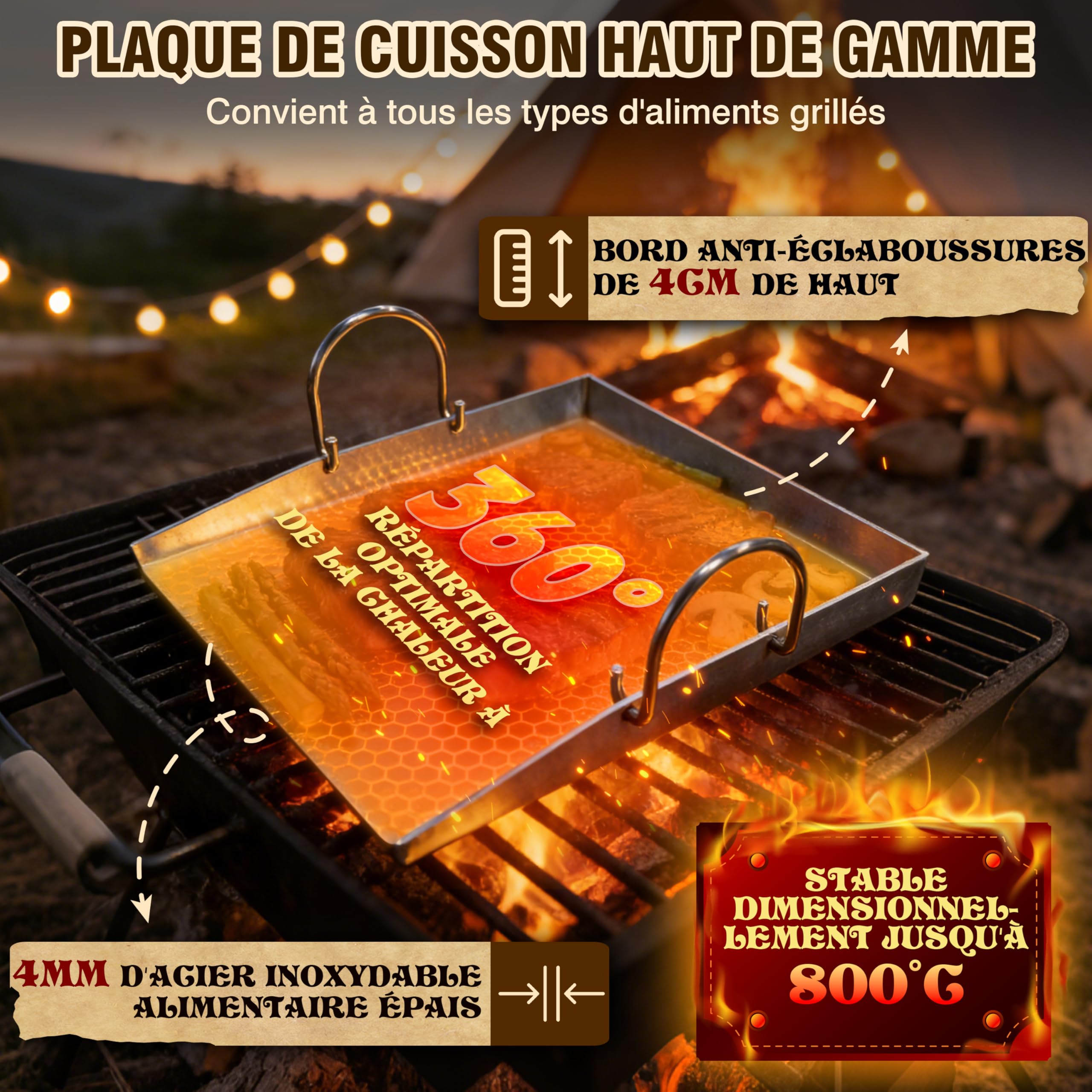 JONRRYIN Plancha Plaque de cuisson 40 x 30 cm, Acier Inoxydable épais avec 2 Spatules, Poignée Amovible pour Barbecue Gaz et Charbon