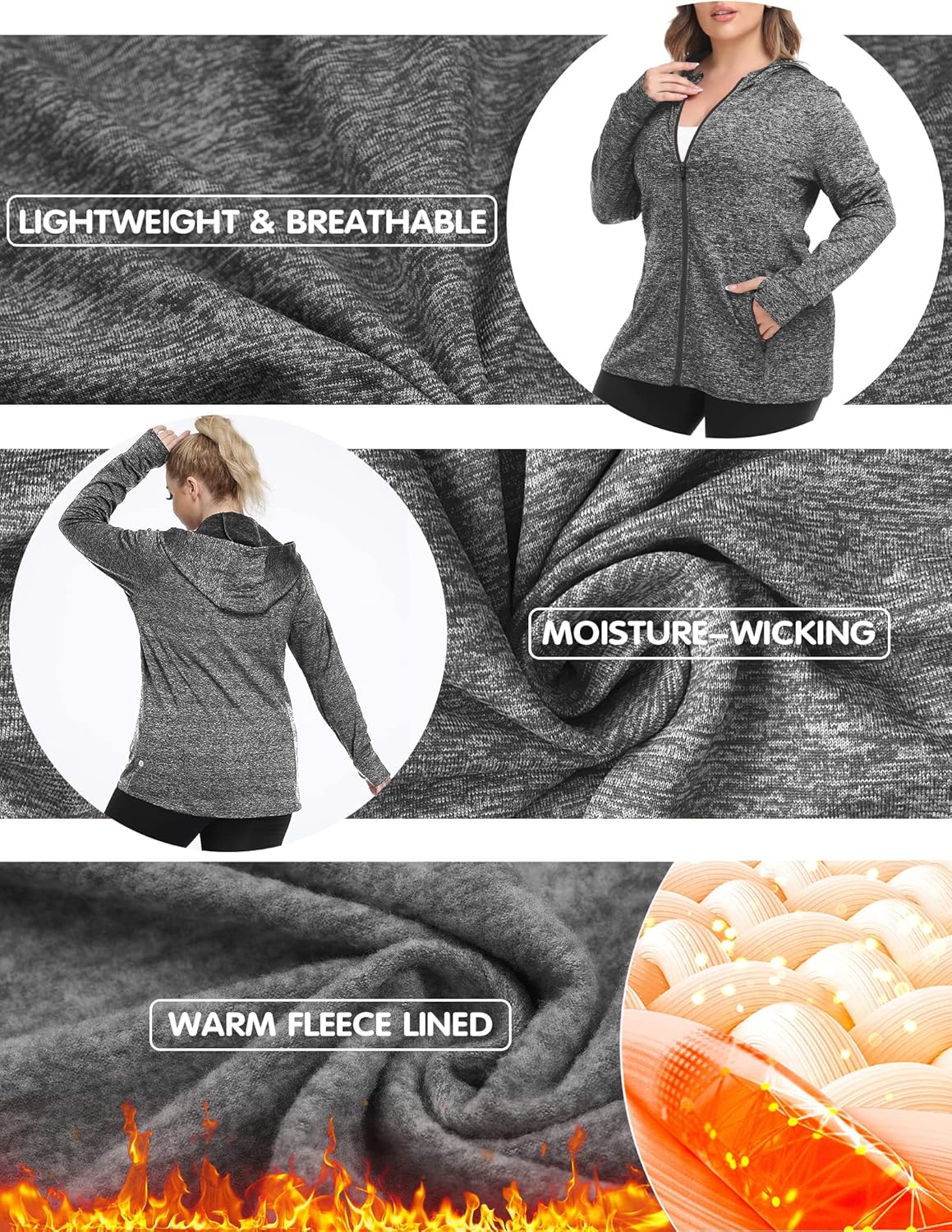 FOREYOND Women Plus Size Fleece Jackets Full Zip Up Hoodies Lightweight Workout Clothing for Running Yoga Gym - Image 3