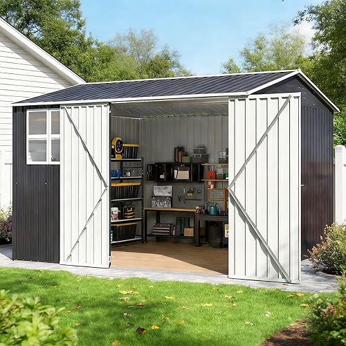 10x10 FT Outdoor Storage Shed, Metal Garden Tool Shed with Updated Frame Structure, Lockable Doors and Windows, Ideal for Backyard Garden Patio Lawn, Grey