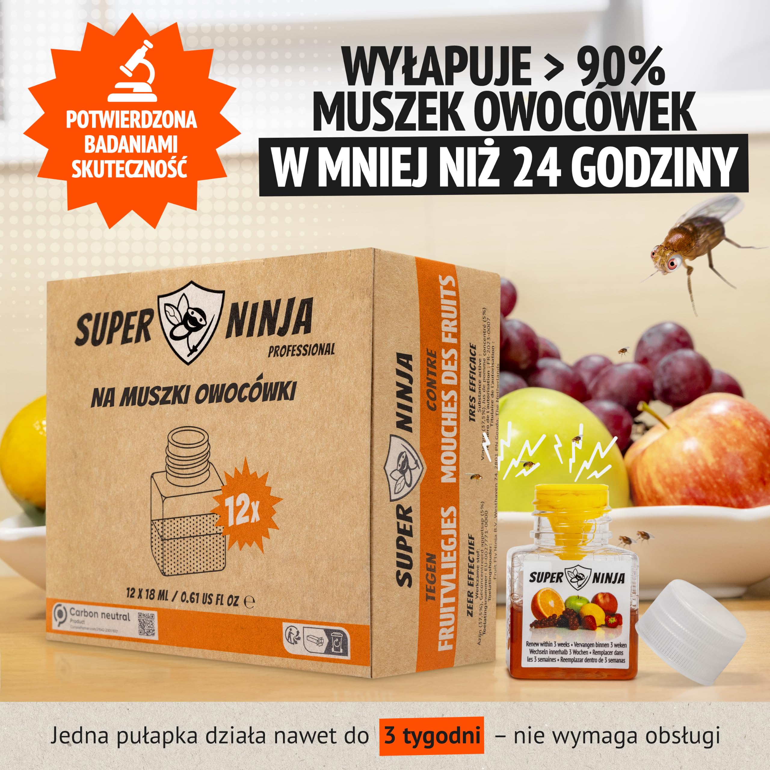 Super Ninja Pułapka na muszki owocówki do kuchni – 12 szt., naturalny płynny wabik, działanie do 3 tygodni, bez toksycznych składników