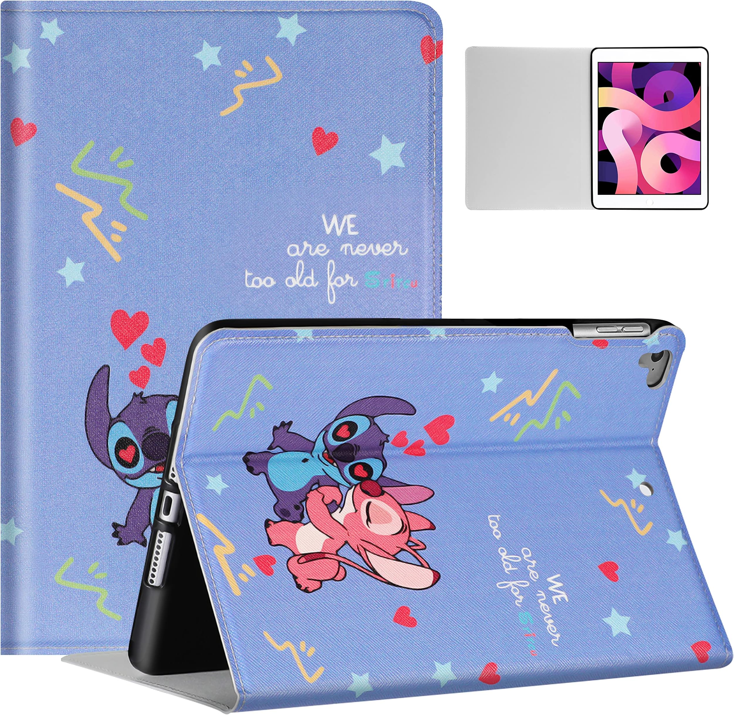 Case for iPad 9.7 inch Air 2/1st Generation & for iPad 5th(2017)/6th(2018)/Pro Cartoon Cute Kawaii Character Partten Folio a1474 a1475 a1566 a1673 Cover Fashion Blue Cases for Teens Girls
