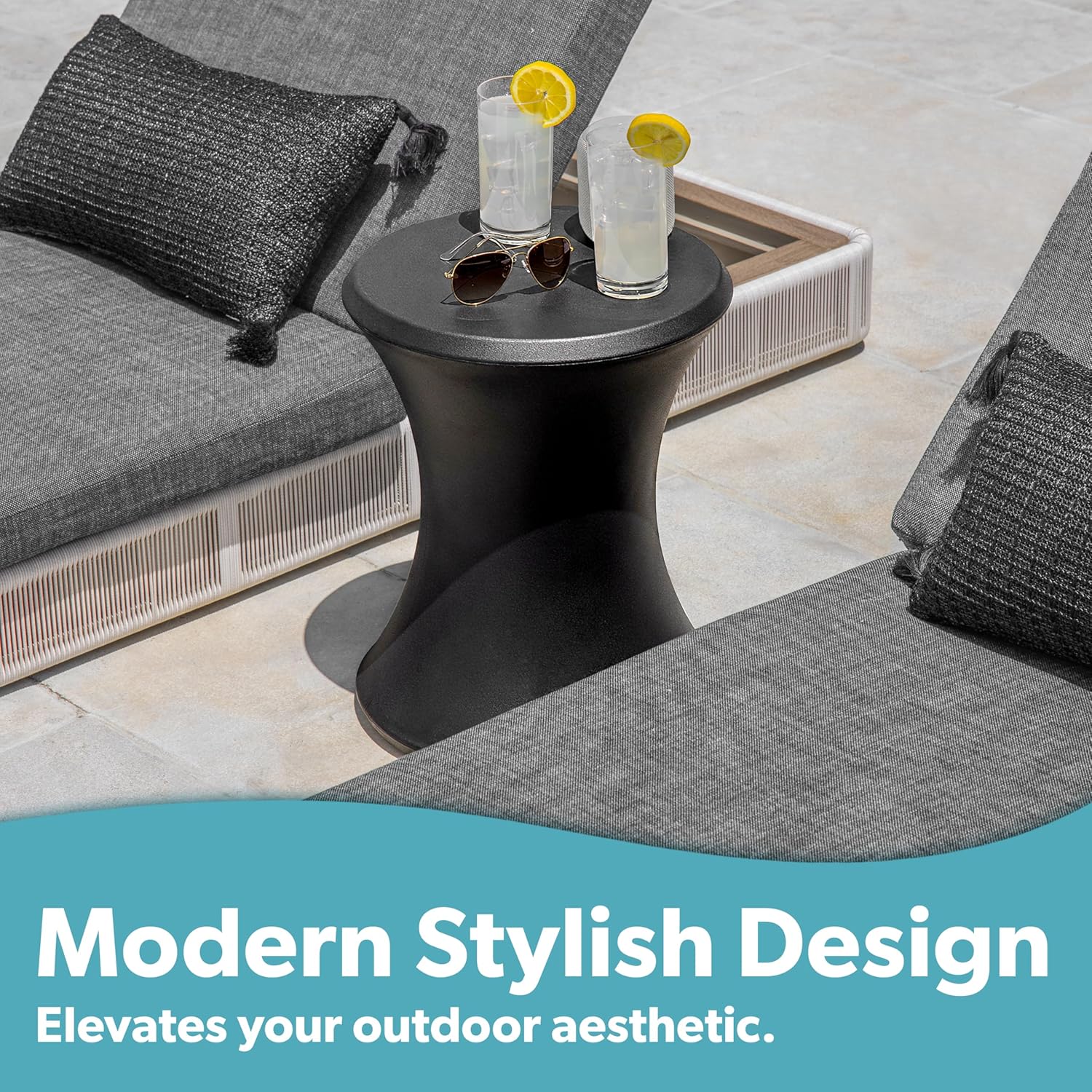 Coast Modern Outdoor Side Table - Lounger Table for Inside Pool or on Patio - All-Weather Furniture for Sun Shelf Up to 15" - Black