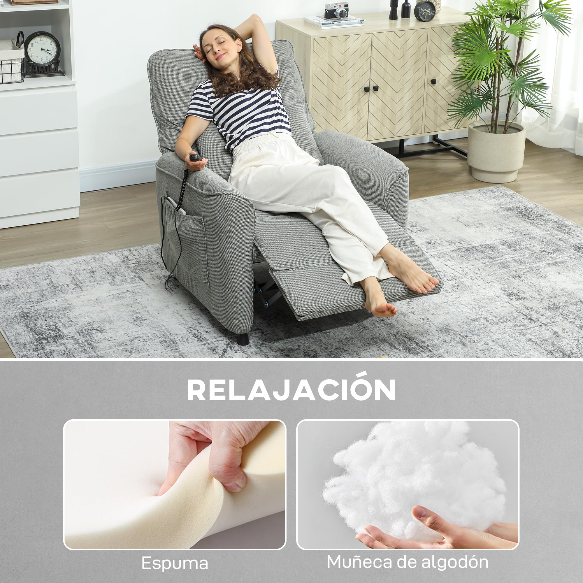 HOMCOM Sillón Relax Reclinable Eléctrico, con Calor Lumbar y Masaje Vibración, Sillón Masaje Relax, Motor Silencioso, Función de Memoria, Bolsillos Laterales, Almohada, Control Remoto con USB, Gris
