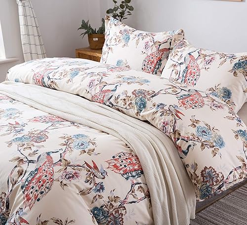 Miniatura 3 de Eikei Funda para edredón con estampado oriental de jardín con pavo real y flores Estilo asiático elegante de árboles en flor Juego de ropa de cama