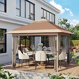 10x10 Canopy Tent, Pop Up Gazebo Tent with Mosquito Netting, Outdoor Canopy with 4 Sandbags & Wheeled Bag & Height Adjustable, Pop Up Gazebo for Patio Garden Backyard Lawn Deck