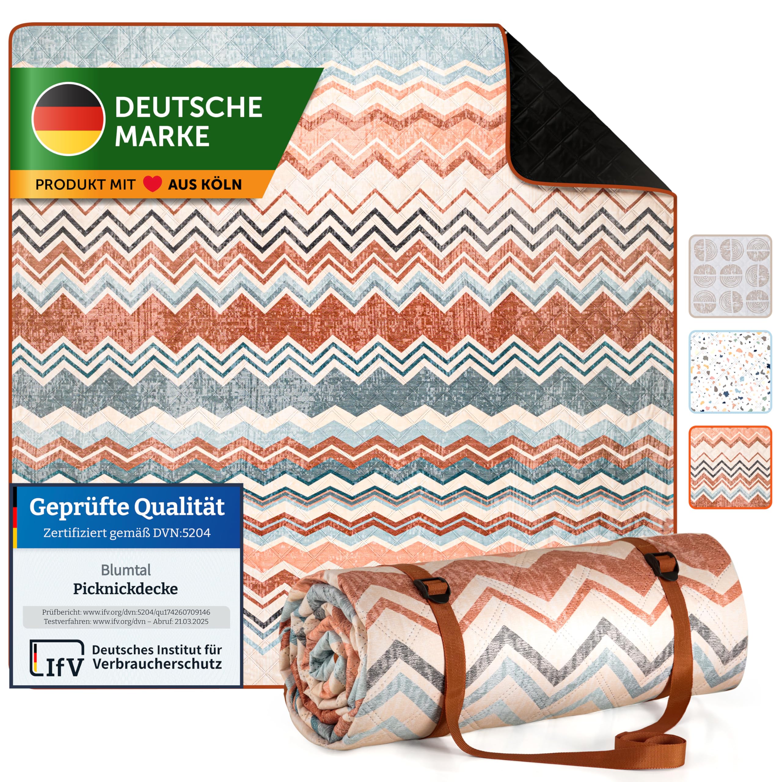 Blumtal Premium Picknickdecke wasserabweisend 200x200 cm Boho & TERRAZZO Design - waschbare Stranddecke gepolstert + weiche Zwischenfüllung - Outdoor Decke aus Oxford-Gewebe - Decke Terrazzo Zickzack