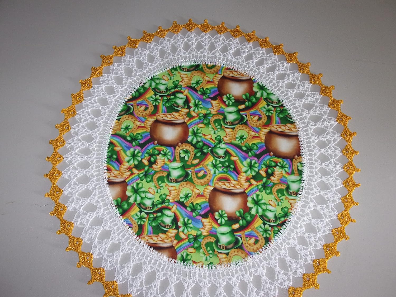 St Patrick's Day Doily St Patricks Day Doily Crocheted Pot of Gold Shamrocks 20 Inches Fabric Center Crocheted Edge Centerpiece Table Topper Holiday Decoration