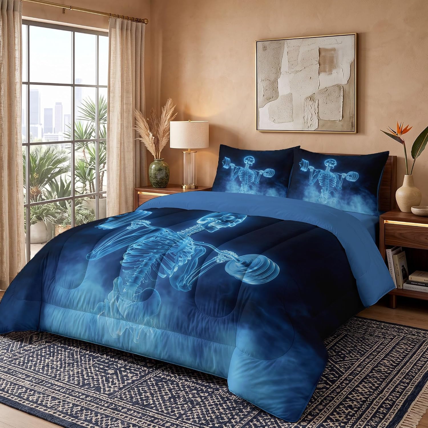 Ghost Skeleton Quilt Set King 3 Pieces, Blue Quilts Bedding Set Smoke Skull Bedspread Bed Cover Lightweight Spring Summer Beds Coverlet for All Season - 104"X90"