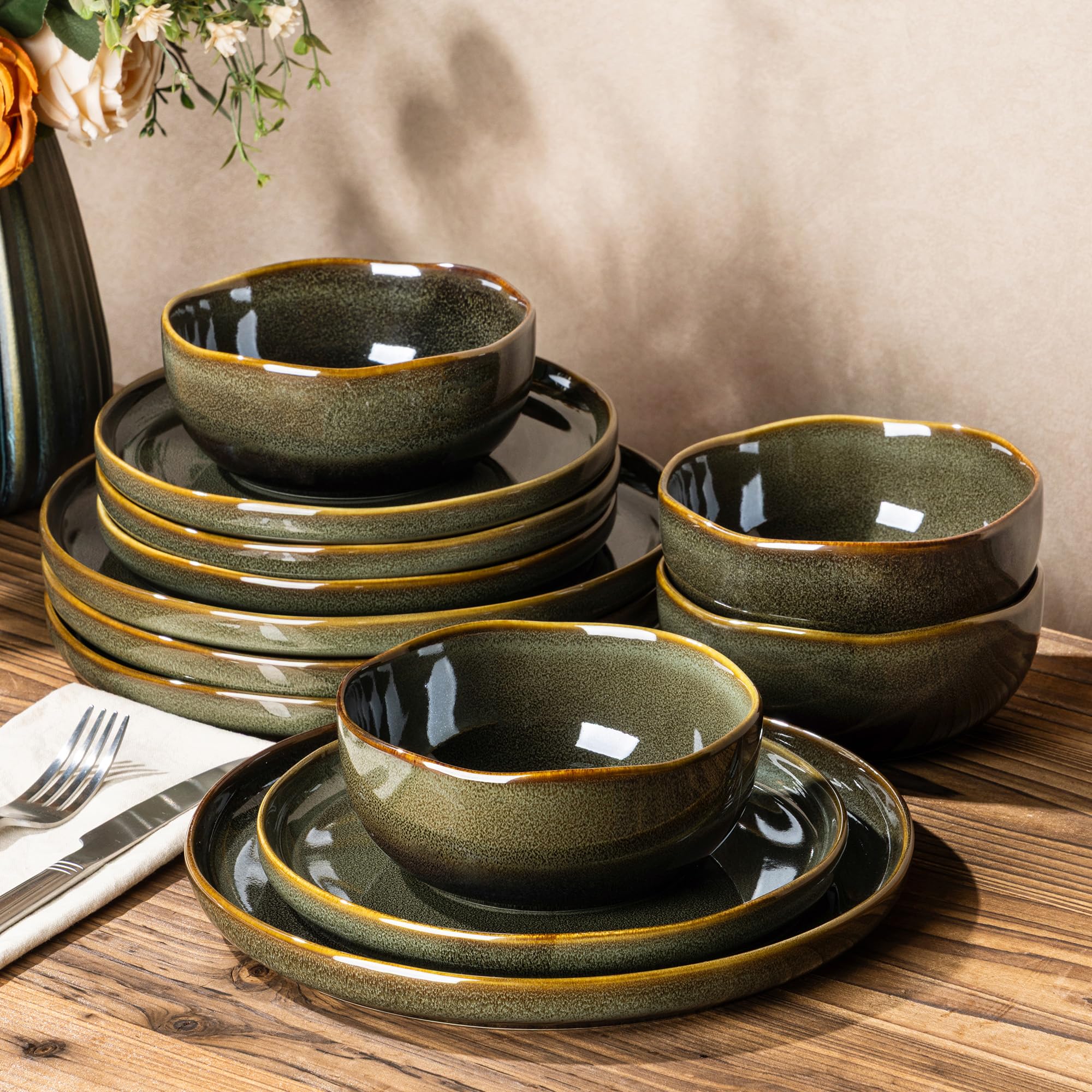 TheTerra Ceramic Dinnerware Set for 4, 12-Piece Plates and Bowls Set | Handmade Reactive Glaze Dish Set, Scratch Resistant, Oven &amp; Microwave &amp; Dishwasher Safe, Olive Moss