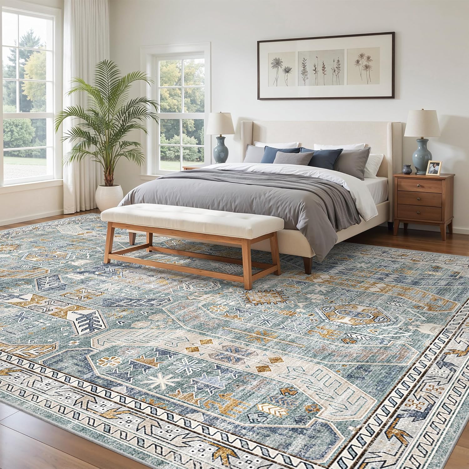 befbee 10x14 Area Rugs,Ultra-Thin Washable Rugs for Living Room,Non-Slip Lightweight Foldable Area Rug,Stain Resistant Vintage Large Rugs(Blue/Gold,10'x14')