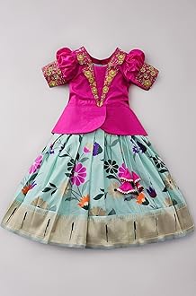 Girls South Indian Pattu Pavadai | Traditional Digital Print Satin Lehenga Choli Set