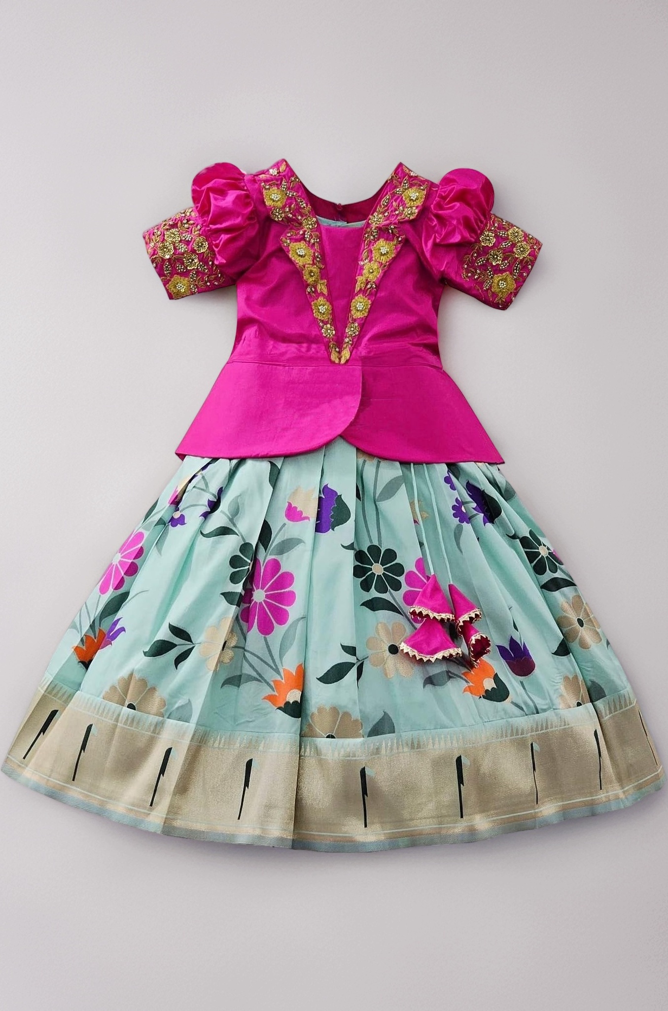 Girls South Indian Pattu Pavadai | Traditional Digital Print Satin Lehenga Choli Set