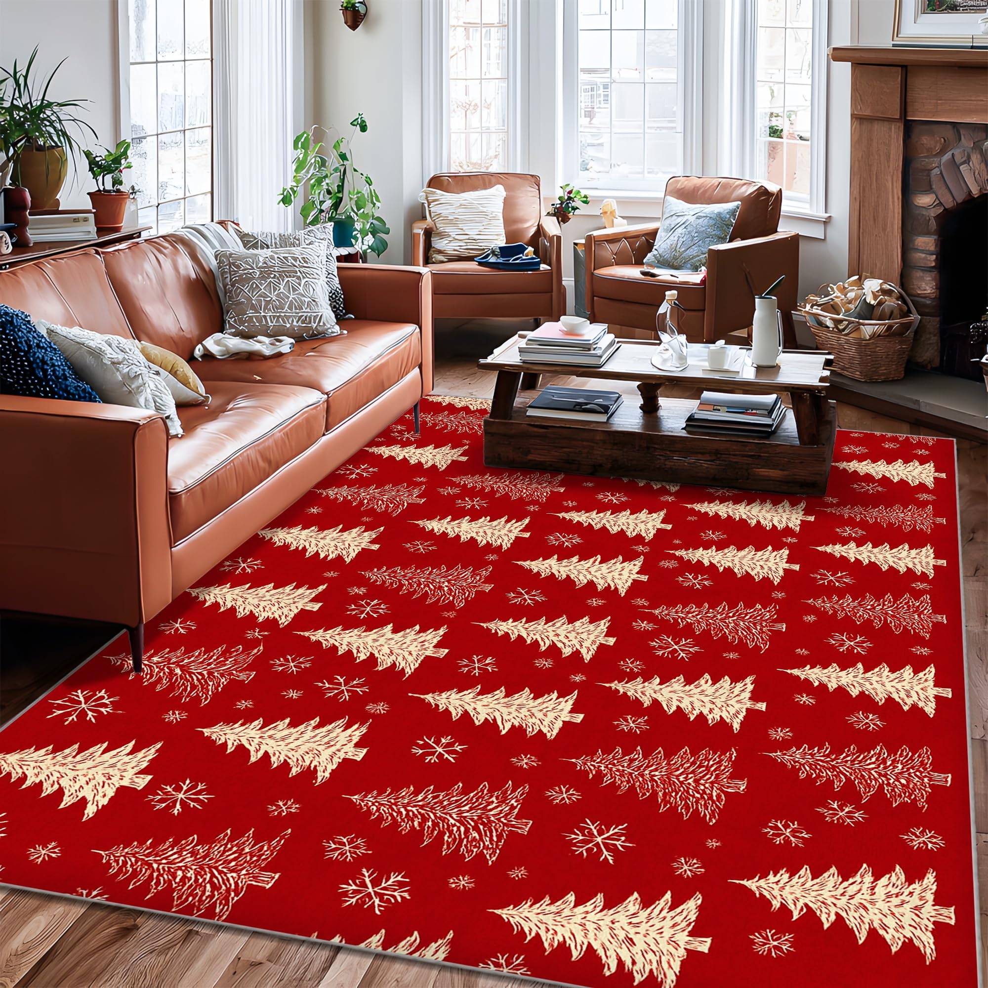 Tapis de Noël rouge à poils courts 1,8x2,7m pour salon et chambre