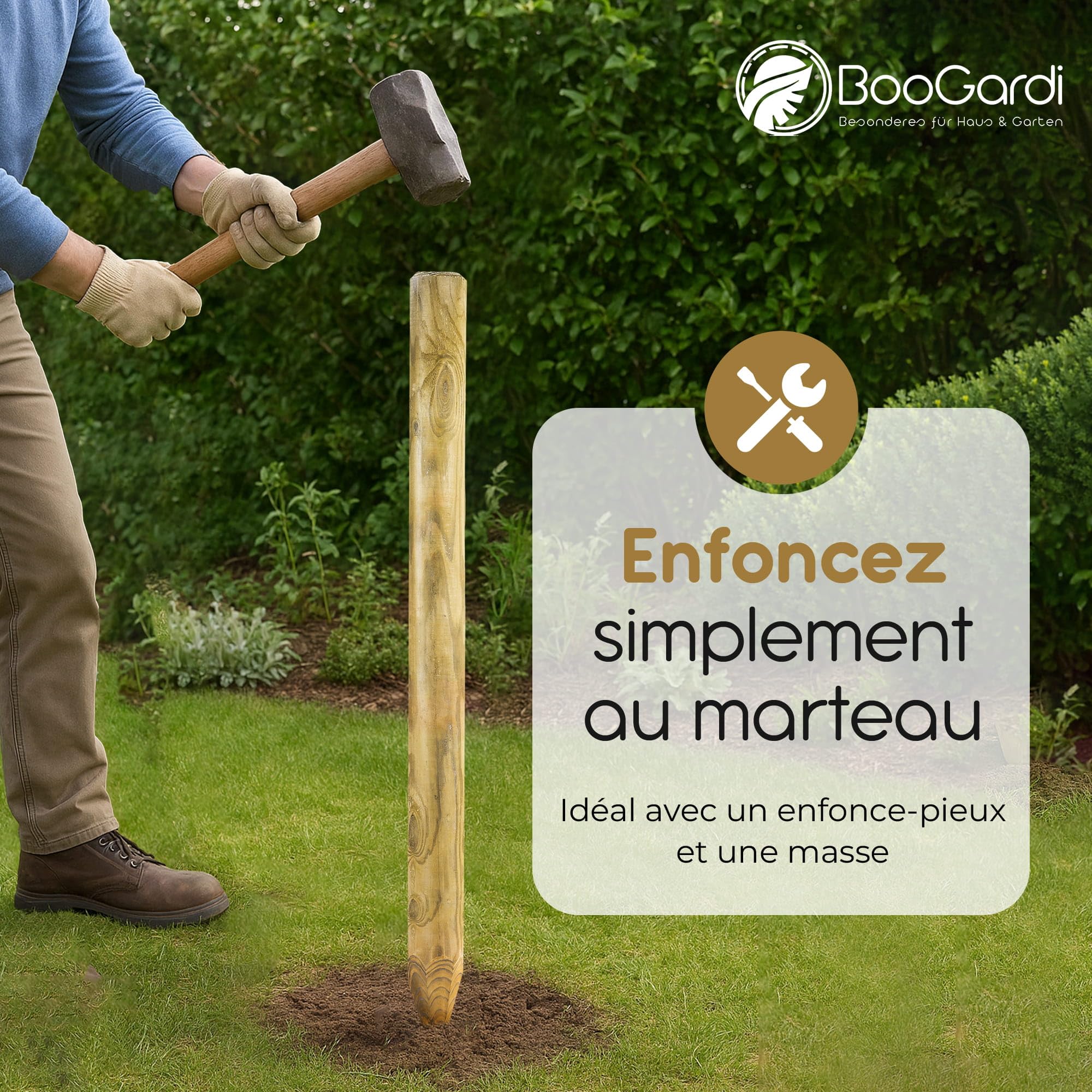 BooGardi Poteaux de clôture en Bois · 39 Tailles · Ø 8 cm Longueur 50 cm 5 pièces · Piquet Bois Sec Autoclave Classe 4 · Poteau Rond pour clôture, Jardin et Bordure