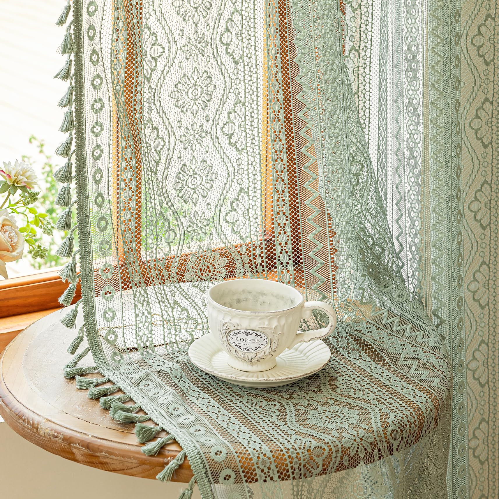 MYSKY HOME Boho Lace Sheer Curtains 2 Panels Set 63 inch Length Vintage Floral Crochet Pattern Privacy Rod Pocket Tassels Small Windows Spring Curtains for Living Room Bedroom, 55" W, Sage Green
