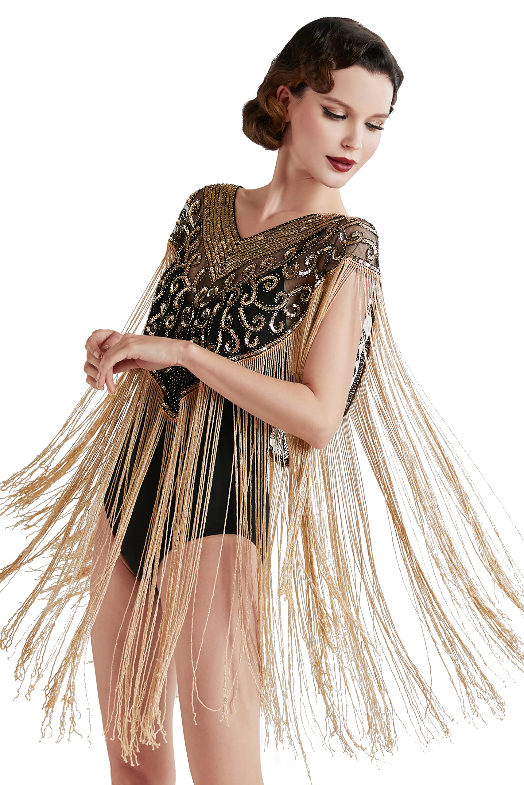 BABEYOND1920s Shawl Wraps Long Fringed Evening Cape Sequin Beaded Party Shawl