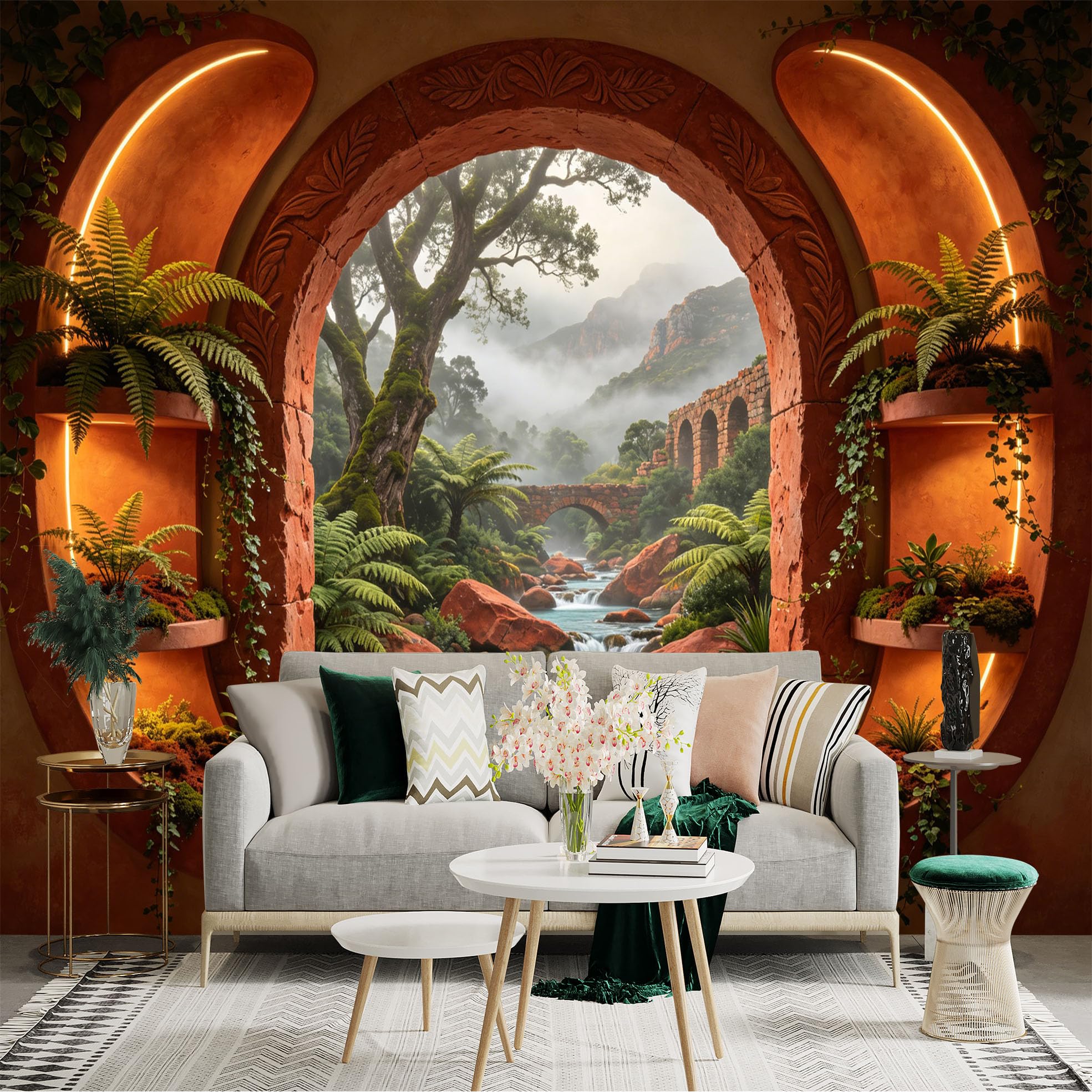 Custom Size Wall Sticker Mural， Tropical Forest Stream with Stone Arch Bridge and Lush Greenery， for wall Decoration， peelandstick wall Decals.
