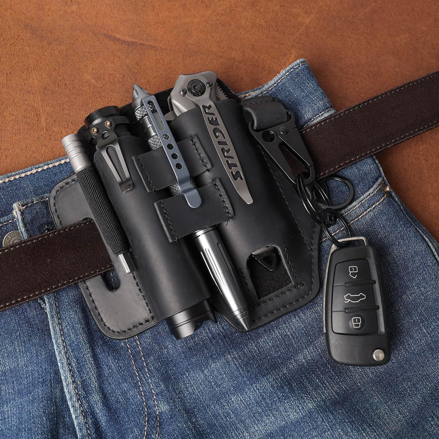 Gentlestache Multitool Leather Sheath for Belt, EDC Organizer, Multitool Pouch,Leather EDC Sheath with Elastic Band Pen Holder, Flashlight Holder and Keychain Clip, Practical Belt Pouch for EDC Gears