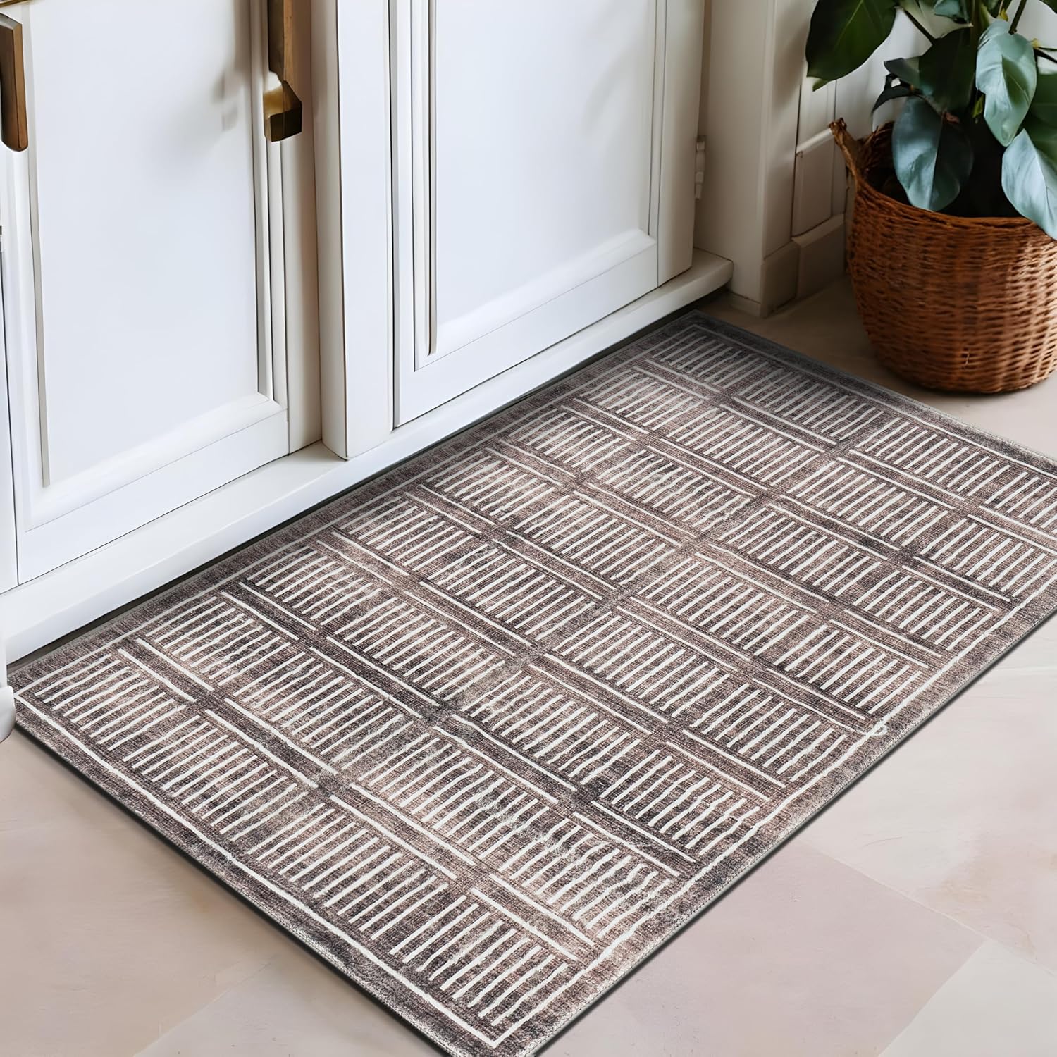 Rugshop Bohemian Stripe Lines Washable Non Slip Area Rug 2' x 3' Brown