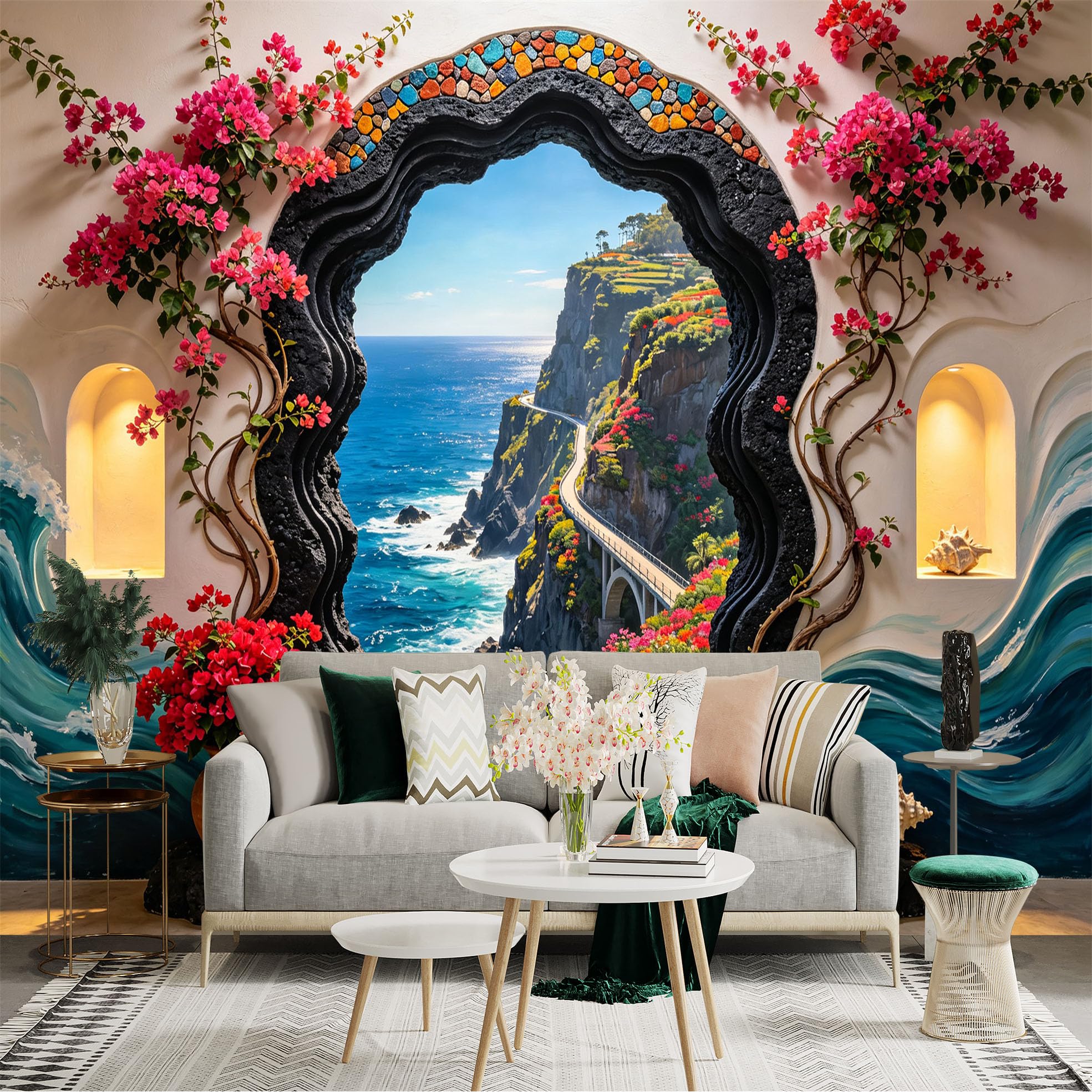 Custom Size Wall Sticker Mural， Coastal Cliff Ocean View and Floral Archway， for wall Decoration， peelandstick wall Decals.