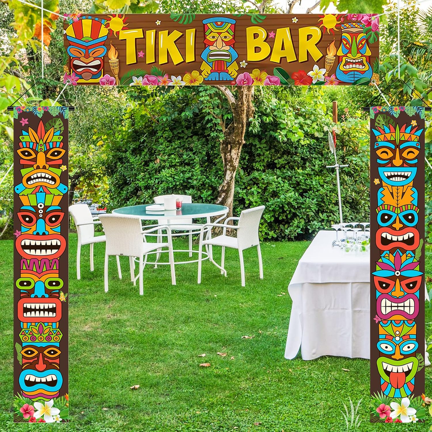 4 Pcs Tiki Mugs with Coasters Set - Ceramic Tiki Glass Cocktail mug And Luau Party Decorations Tiki Totem Door Banner Sign 3pcs Tiki Banner Luau Porch Hawaiian Cover for Aloha Hawaii Luau Tropical Moa