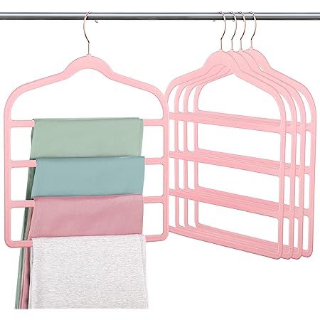 Velvet Pants Clothes Hanger Space Saving Non Slip Pants Shorts Hanger, Myfolrena Jeans Slack Trousers Hangers Multiple Velvet Hanger Closet Storage and Organization for Jeans,Scarf,Tie(Pink, 5)
