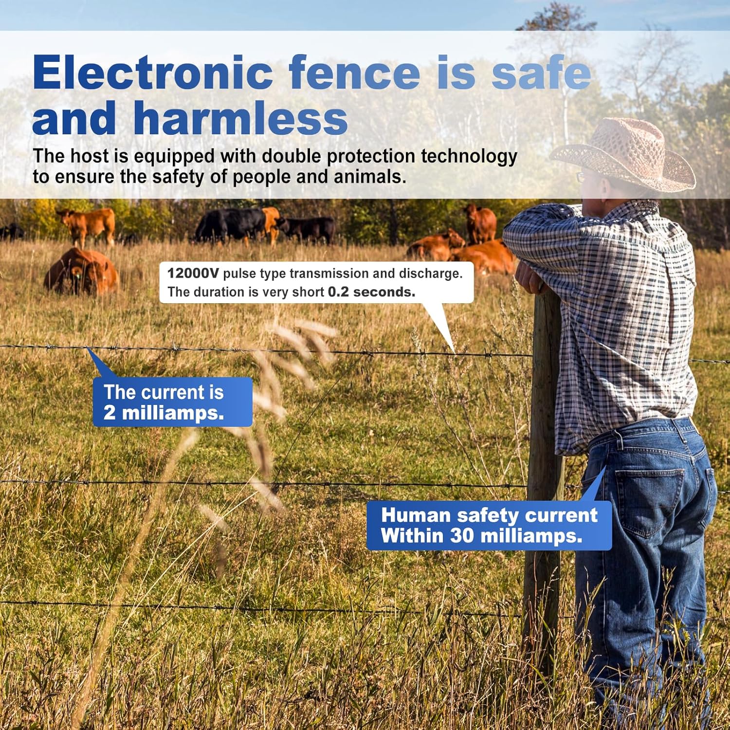 Electric Fence Charger 6 Mile, 8-12KV 2 Joules High-Power Output, LED Display, AC DC Multi-Powered Electric Fence for Livestock, Horses, Cattle Sheep, Gardens, Orchards Protection