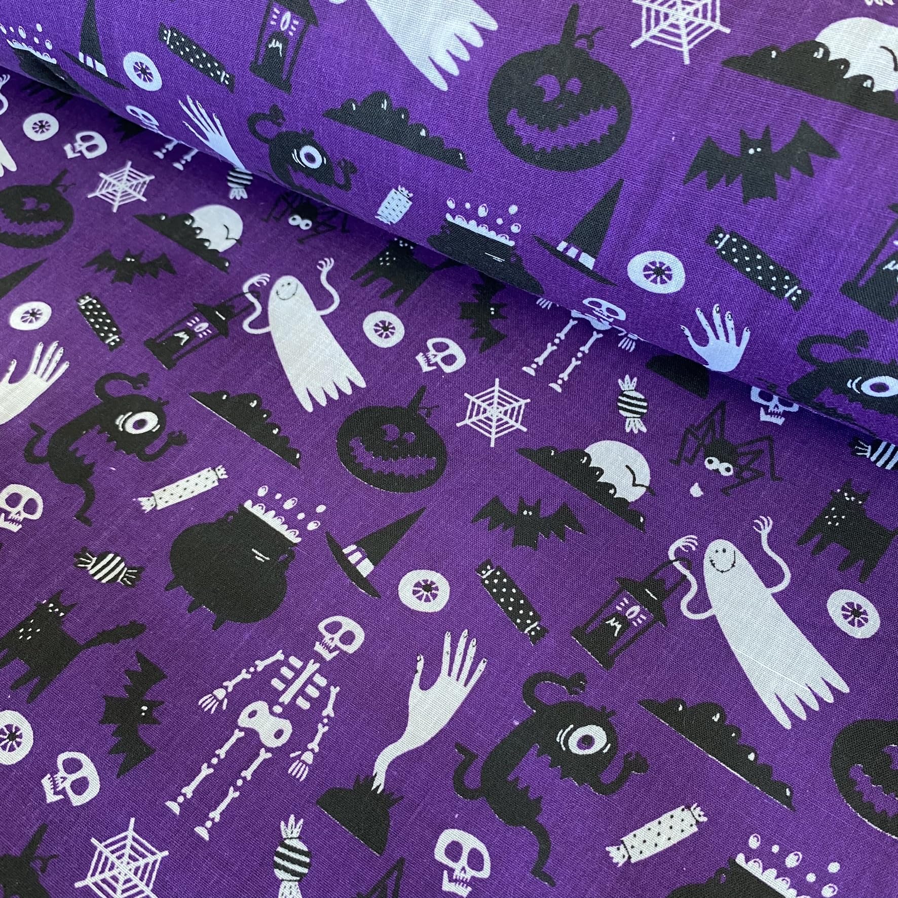 Ghosts and Ghouls Halloween Polycotton Fabric, for Sewing, Quilting, Crafts, Home Décor (Purple)