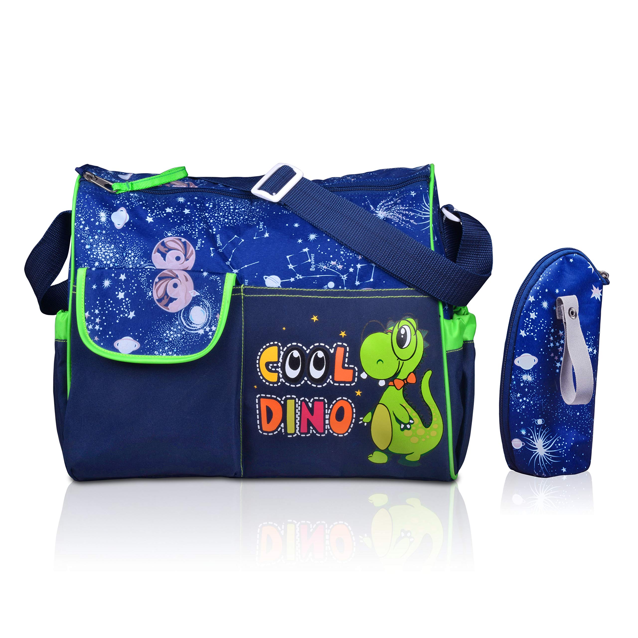 Junior TurksCool Dino 1.0 Combo Insulated Bottle Pouch Nappy Tote Diaper Bag for Mother Child Navy Blue with Green