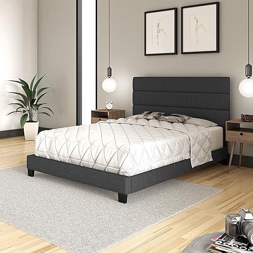 Miniatura 114 de Boyd Sleep Milan - Marco de cama de lino negro con plataforma totalmente tapizada con cabecero ajustable, base o somier calificado para su uso Negro