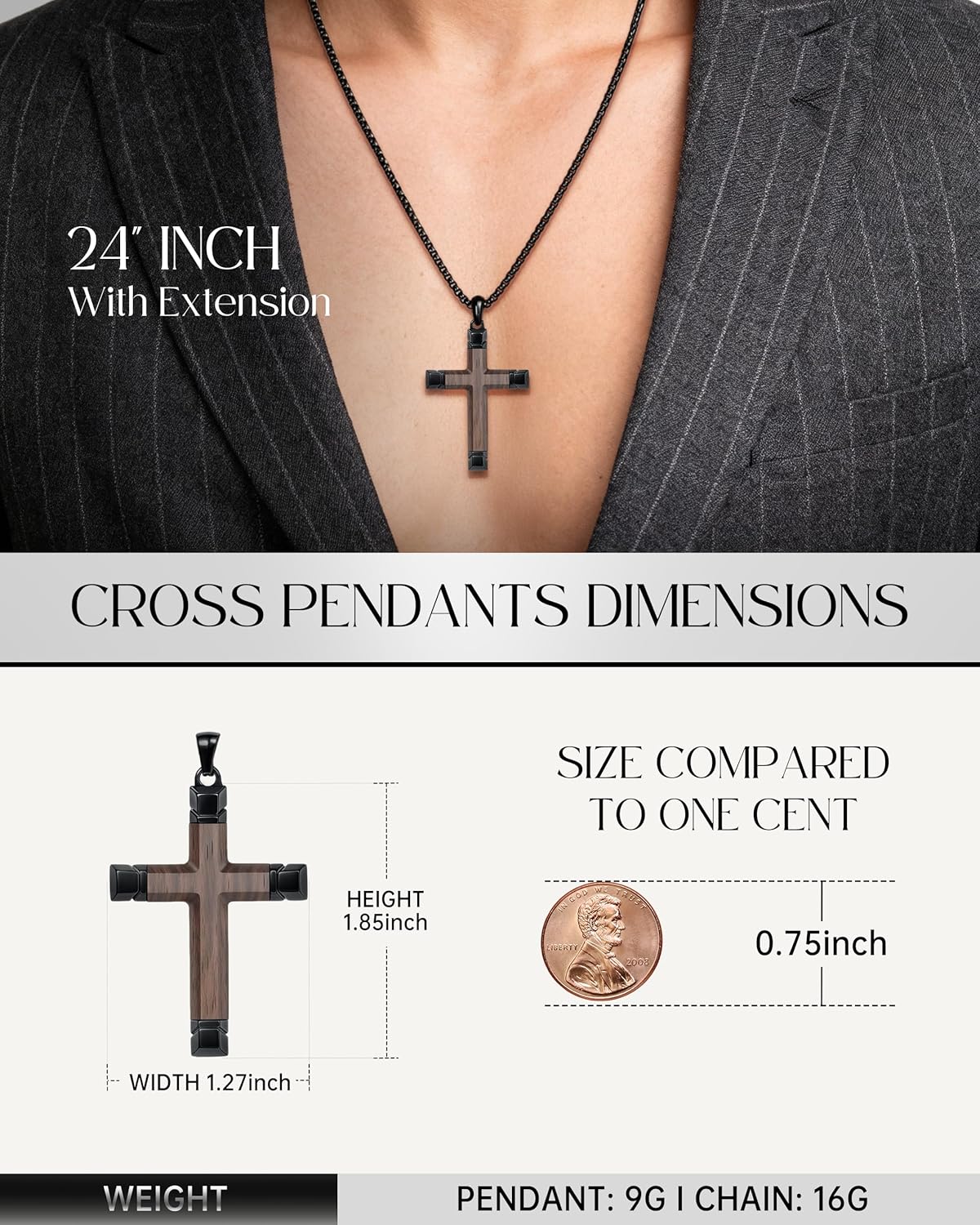 Wooden Cross Necklace for Men, Real Ebony Inset In Black Stainless Steel Christian Wood Crucifix Pendant, Adjustable Necklace 24+2" Box Chain