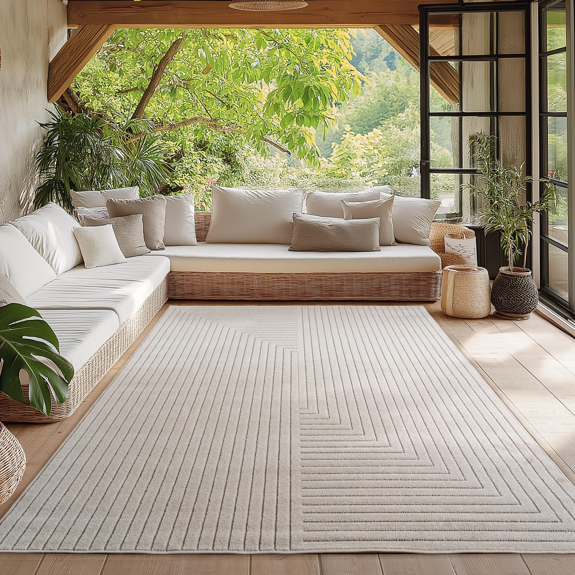HomebyHome Kurzflor Teppich Wohnzimmer, Schlafzimmer, Küche, 3D Skandinavisch Boho Motiv, Outdoor Terrassen oder im Balkon