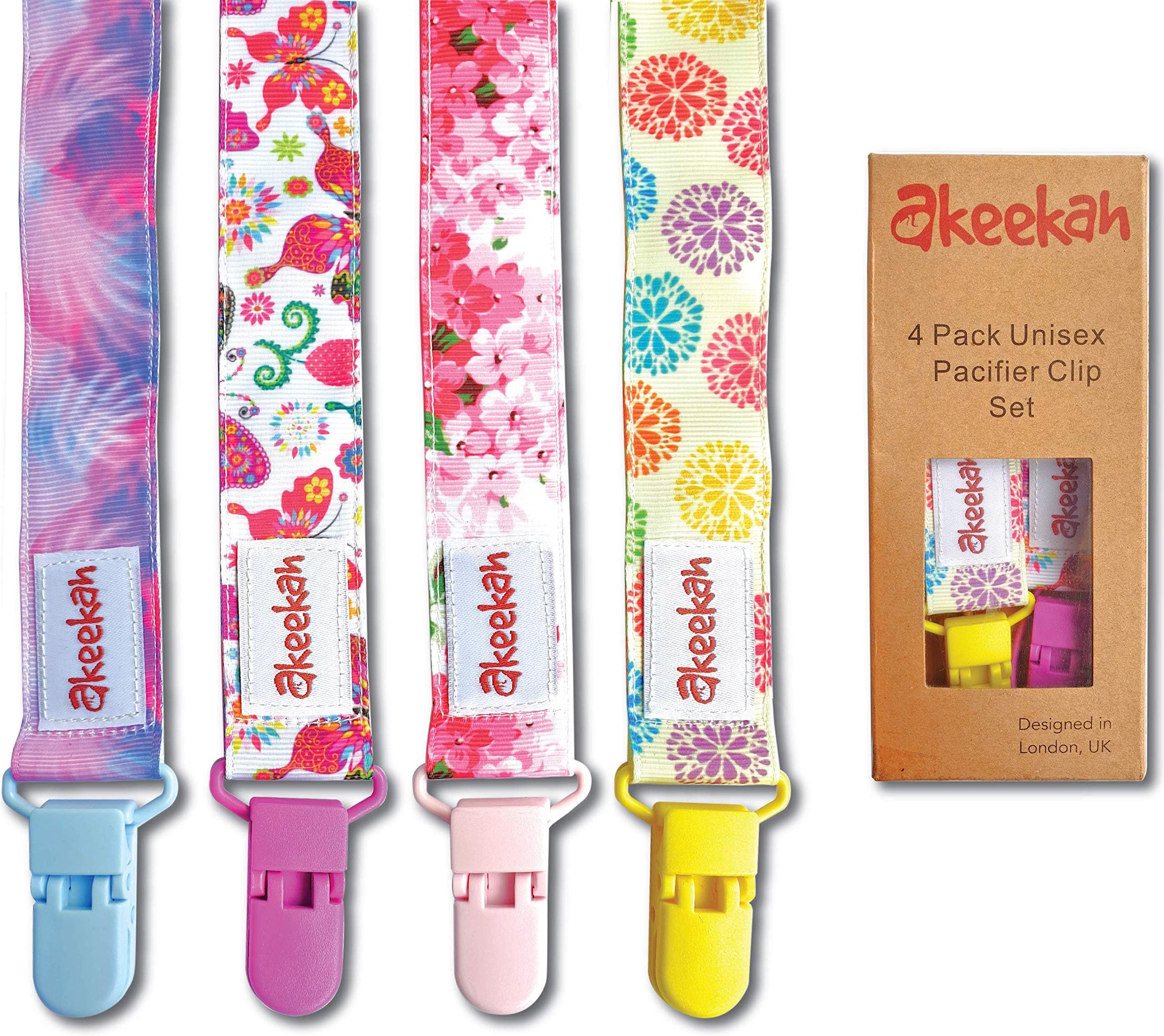 Baby Dummy Clips Girls by Akeekah® | 4 Pack in Luxury Gift-Box | Premium Soother Holder and Girls Dummy Clips with Colourful Designs | Safe BPA-Free
