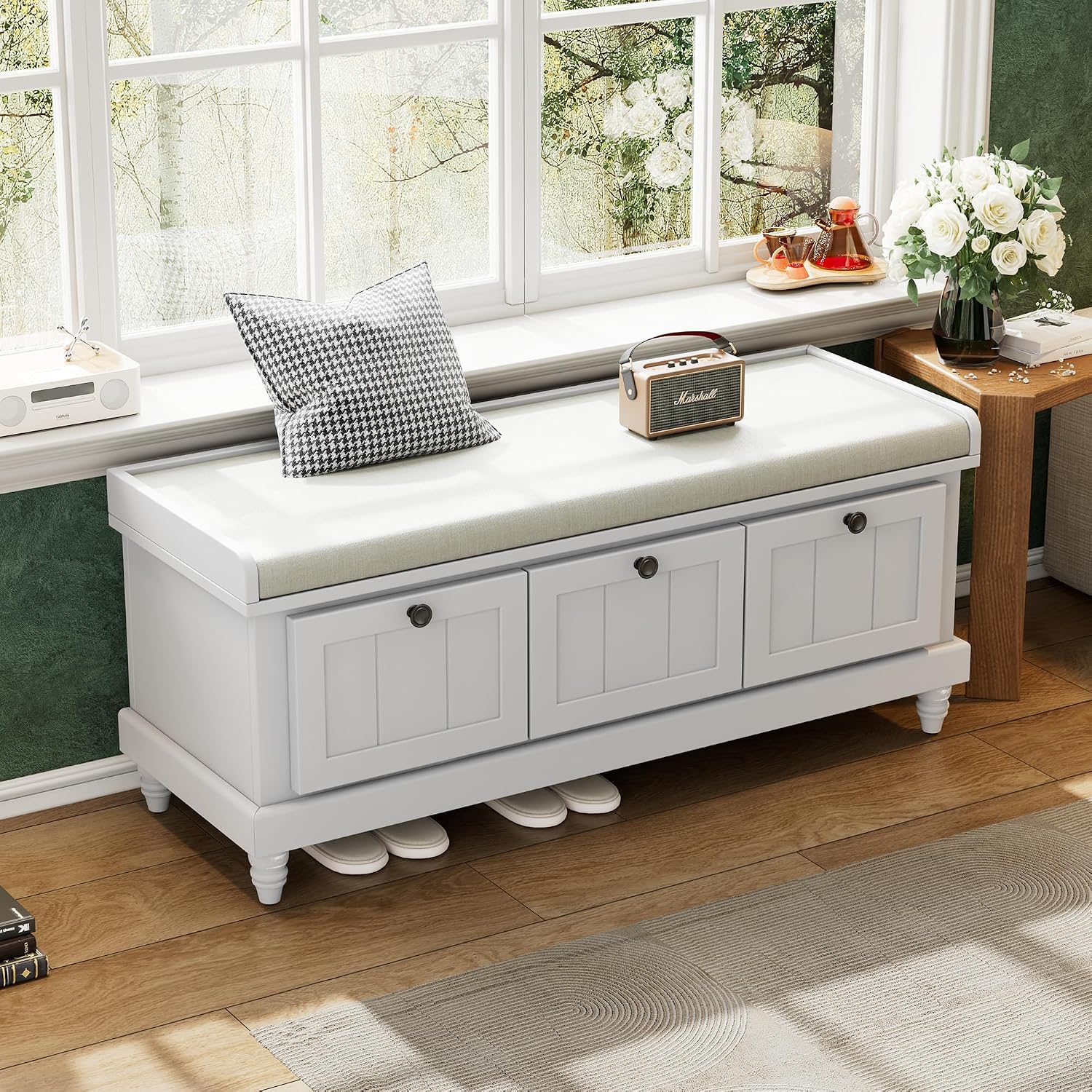 Classic Storage Bench with Cushioned Seat and 3 Drawers, Wood Shoe Bench Entryway Storage Bench with Hidden Storage on Top for Living Room Hallway (Light Gray-J)
