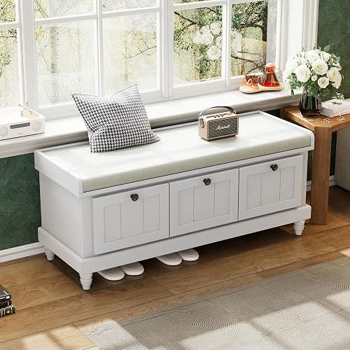 Merax Classic Storage Bench with Cushioned Seat and Three Drawers