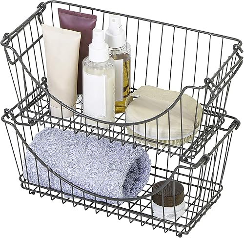 Miniatura 4 de Smart Design Organizador de cestas apilables, mediano (12.63 x 5.5 pulgadas), con asa, metal de acero, apto para alimentos, frutas y verduras,