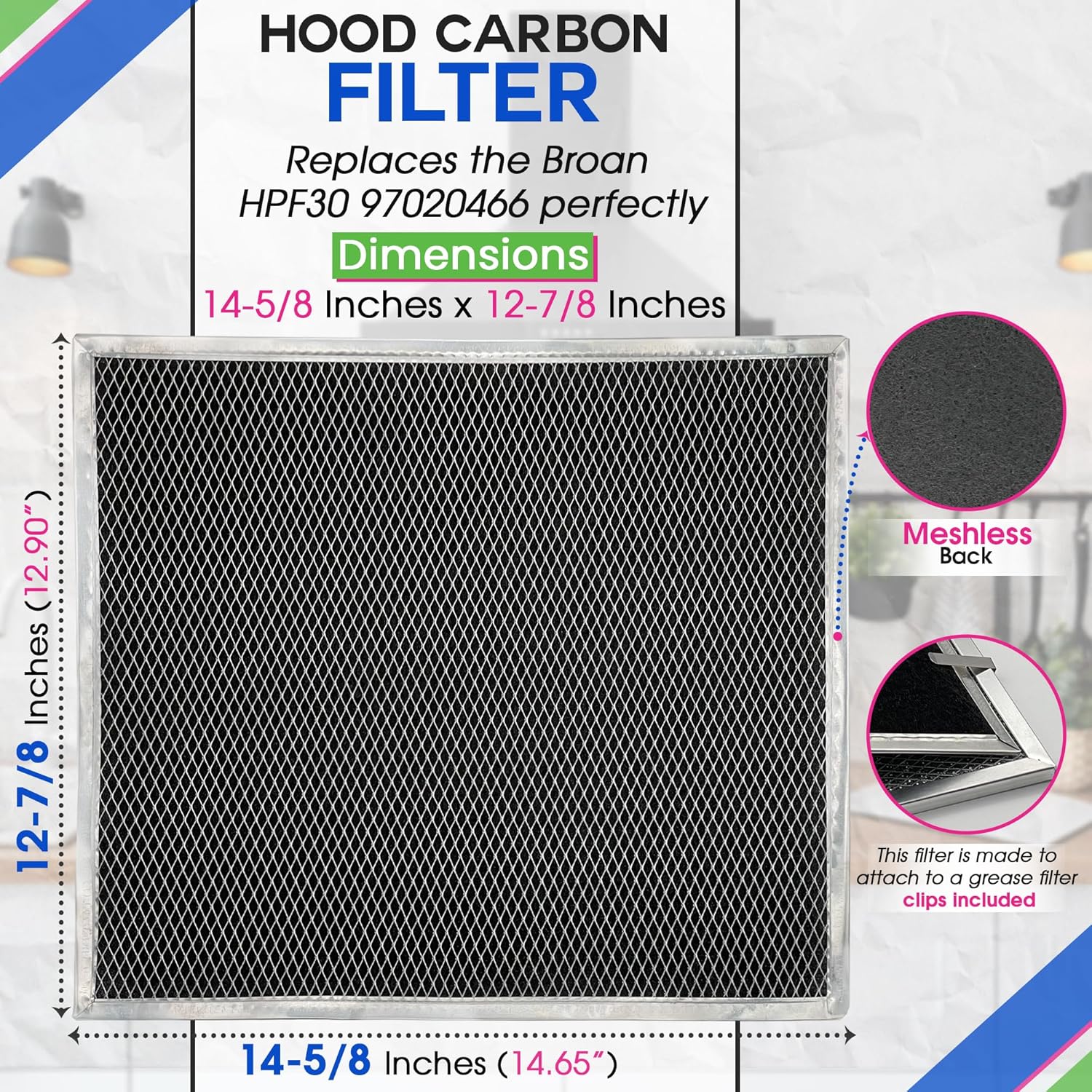 Charcoal Filter Replacement Fits 12.90" x 14.65" HPF30 97020466 Broan range hood filter - Carbon Hood Vent Filter for Ductless Exhaust Fan - Filters and Freshens Kitchen Air Over the Oven (2-Pack)