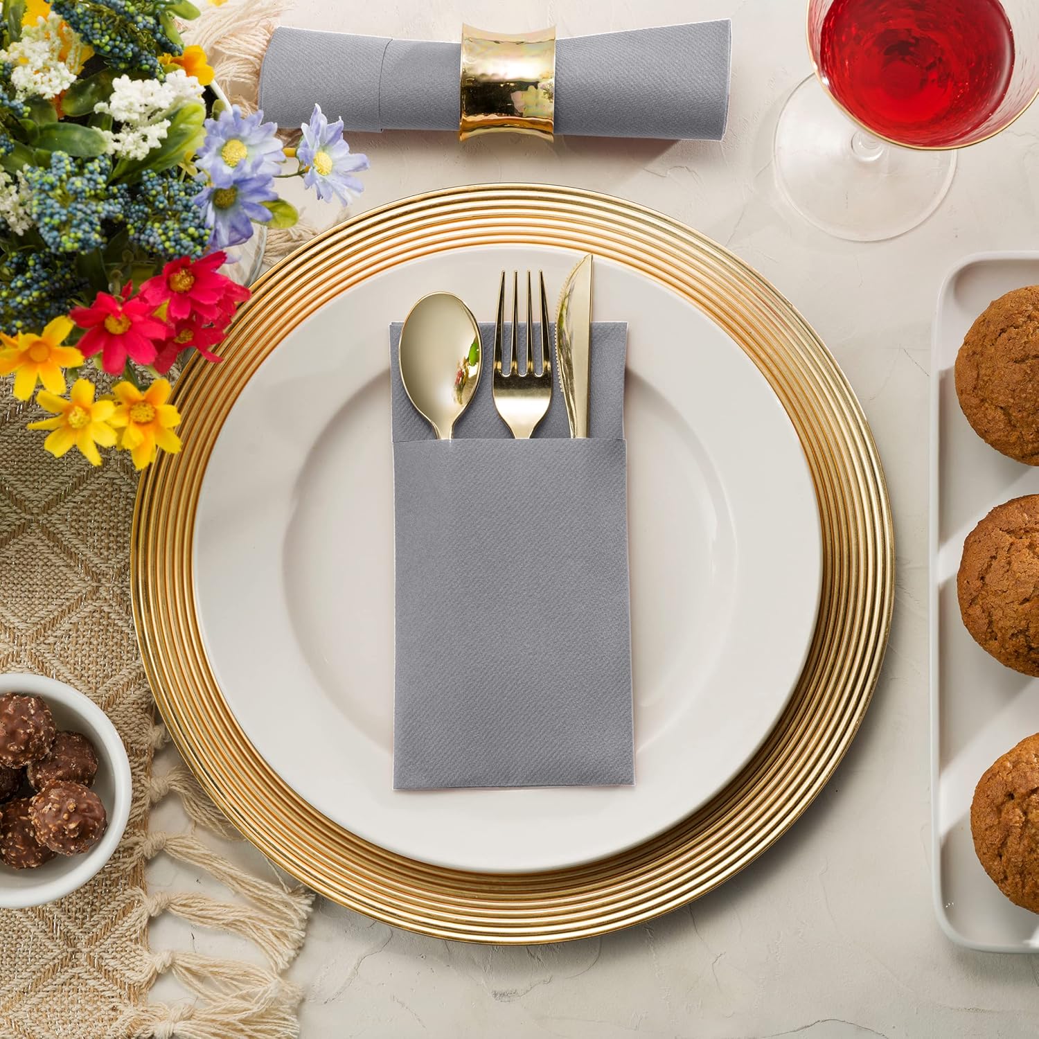 Disposable Linen-Feel Dinner Napkins with Built-in Flatware Pocket, 50-Pack GRAY Prefolded Cloth Like Paper Napkins For Dinner, Wedding Or Party : Everything Else