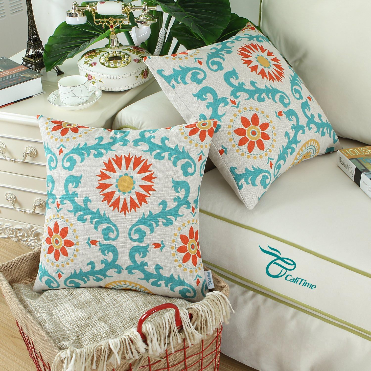 CaliTime Canvas Throw Pillow Cover Case for Couch Sofa Home Decoration Three-Tone Dahlia Floral Compass Geometric 18 X 18 Inches Turquoise/Yellow/Orange Red