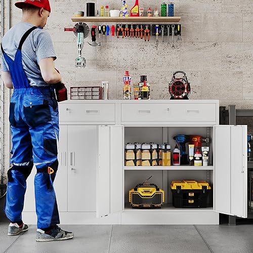 Miniatura 116 de Armario de almacenamiento de metal con puertas con cerradura y 2 estantes ajustables, gabinetes de metal de 71 pulgadas de alto, armarios de garaje,