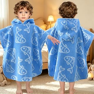 VOOVA & MOVAS Toddler Hooded Poncho Towel 1-3Y,100% Cotton, Blue Fish