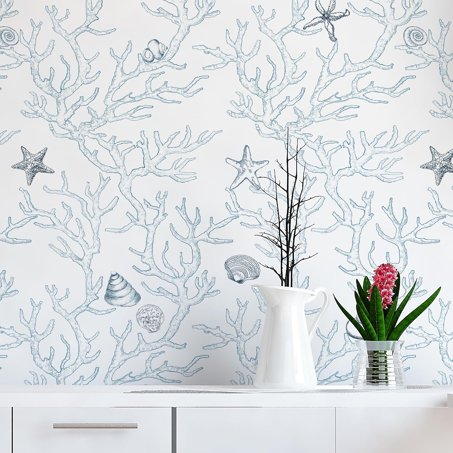 Dviolet Peel and Stick Wallpaper - White and Light Blue Contact Paper - Coral/Seashell/Starfish Pattern - Removable Wallpaper for Kids Room - 17.3"X 118"