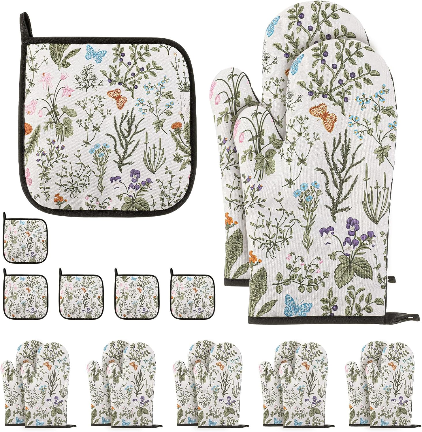 Zhehao 6 Sets Vintage Floral Oven Mitts and Pot Holders, 6 Pairs Heat Resistant Kitchen Oven Gloves, 6 Pcs Cute Botanic Hot Pads for Cooking Baking Grilling BBQ Women Farmhouse Kitchen Decor Gifts