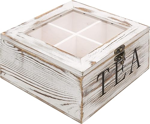 MyGift Caja de almacenamiento de té rústica de madera encalada con 4 compartimentos organizador de bolsas de té con tapa acrílica transparente y