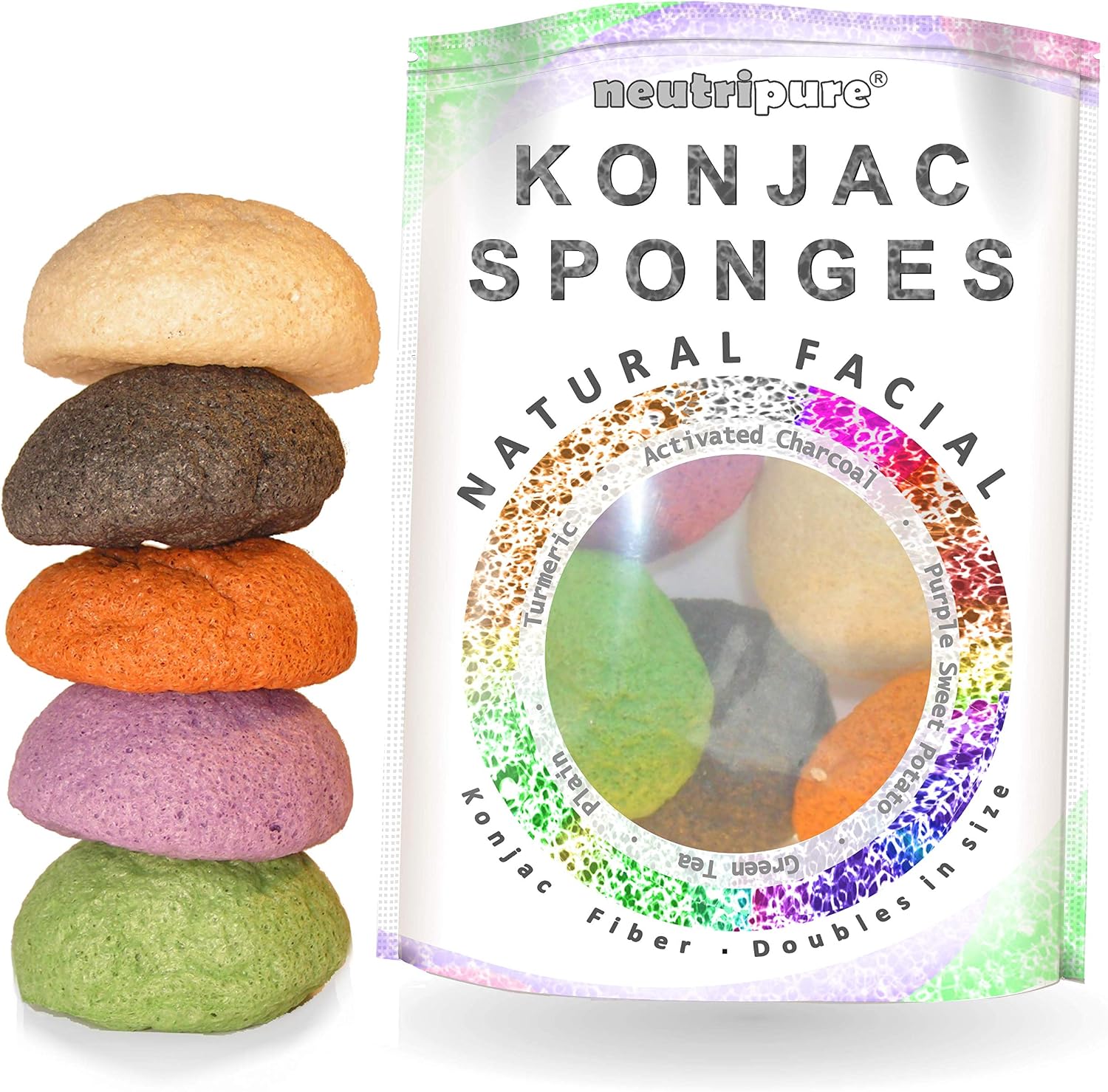 Konjac Sponge Set: Organic Skincare Facial for Natural Exfoliating and Deep Pore Cleansing 5 Piece Sampler Pack Infused with Charcoal, Turmeric, Green Tea