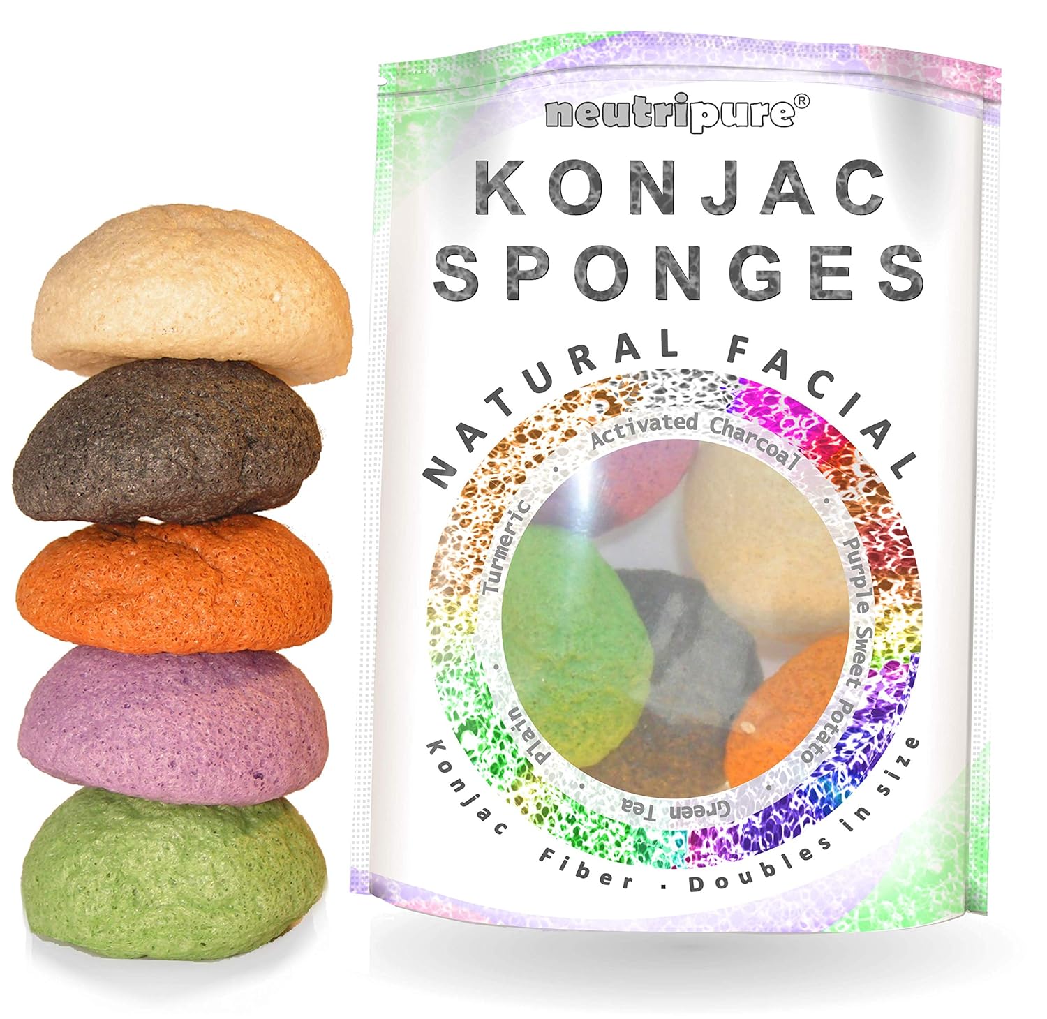 Konjac Sponge Set: Organic Skincare Facial for Natural Exfoliating and Deep Pore Cleansing 5 Piece Sampler Pack Infused with Charcoal, Turmeric, Green Tea : Beauty & Personal Care
