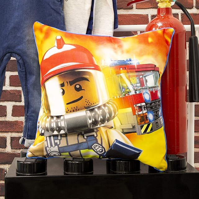 LEGO City Square Cushion Pillow | Action Firefighter, Policeman Design | Officially Licensed Reversible Two Sided Design