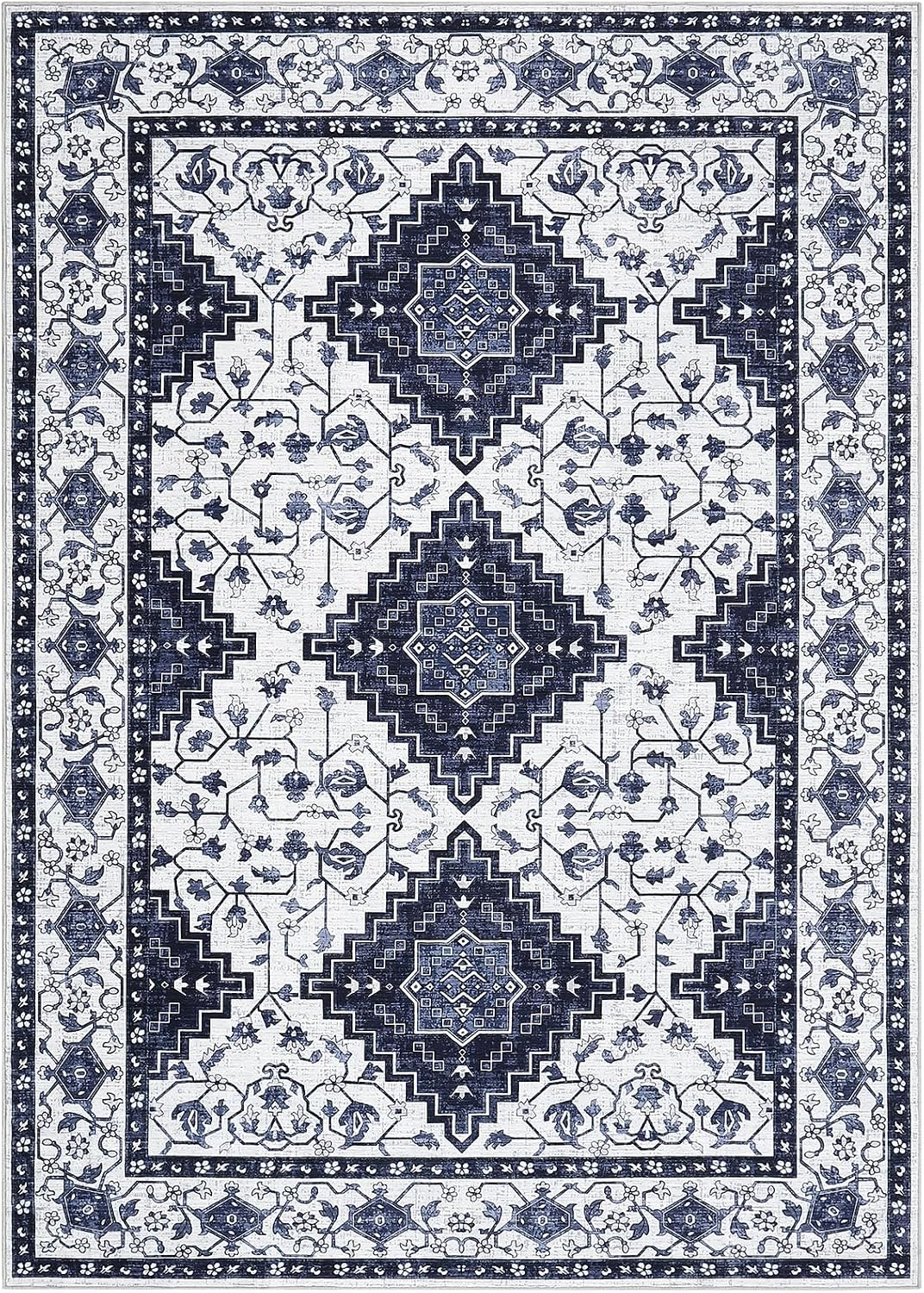 Vintage 8x10 Large Living Room Washable Rug Non-Slip Soft Bedroom Area Rug Thin Traditional Geometric Throw Carpet for Nursery Playroom Dining Room Indoor Office Home Decor, Blue