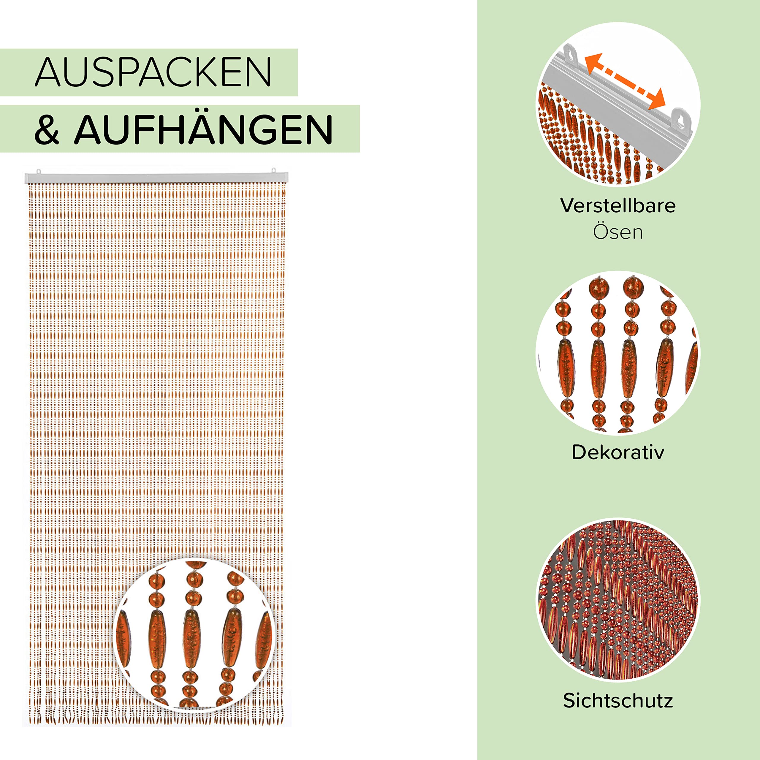 Kobolo Türvorhang Amber Perlenvorhang 90x200 cm - Dekovorhang - rechteckig - Zimmertüren, Balkon/Terrassentür