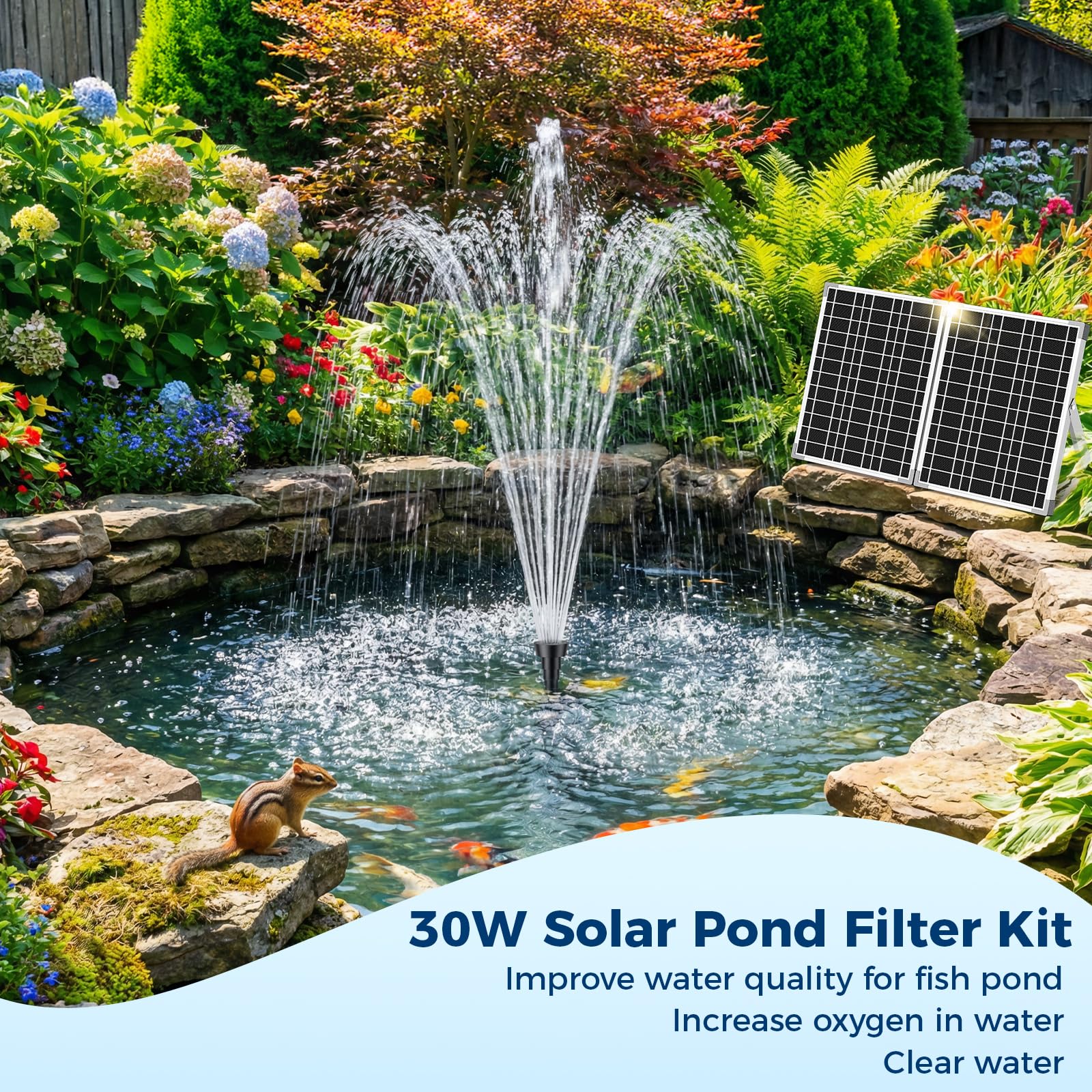 NFESOLAR Kit filtro solare per laghetto da 30 W con pompa per fontana, pompa solare per laghetto da 210 GPH e scatola filtro esterna, pompa dell'acqua sommergibile con cavo da 16,4 m e tubo da 2 m per